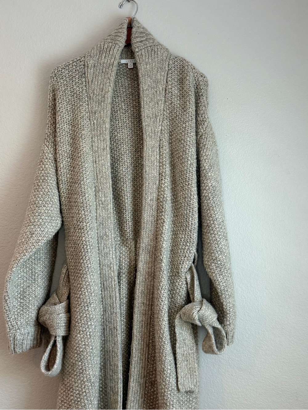 LUNYA Chunky Wool Knit Robe Cardigan M Belted Long Coatigan Soothing Grey - Picture 4 of 10